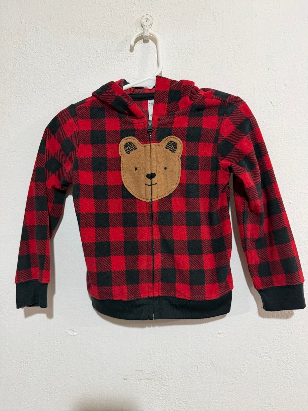 Red & Black Teddy Bear Plaid Hooded Zip-Up fleece